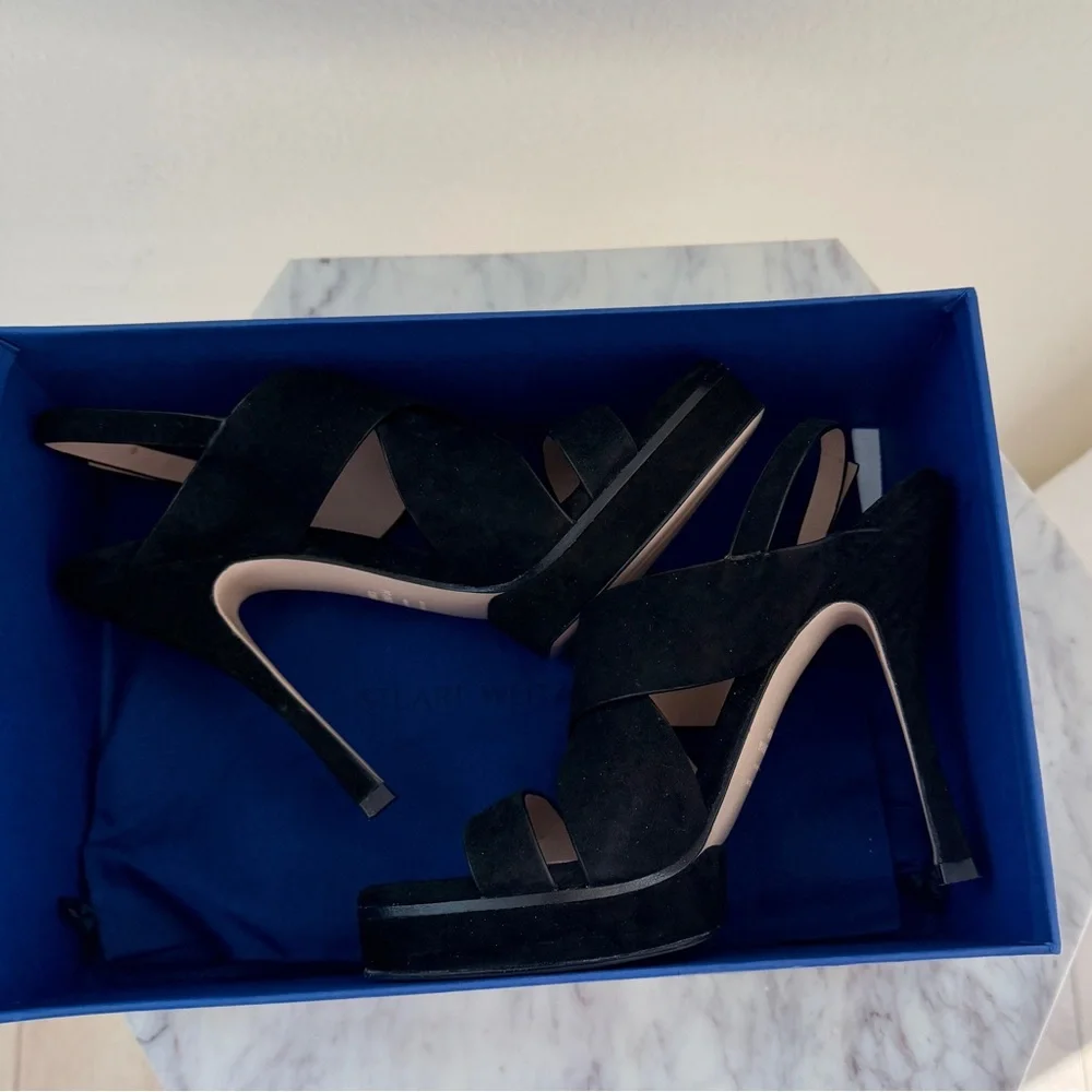 🖤 Stuart Weitzman Hester Strappy Black Suede Platform Stiletto Heels 6.5